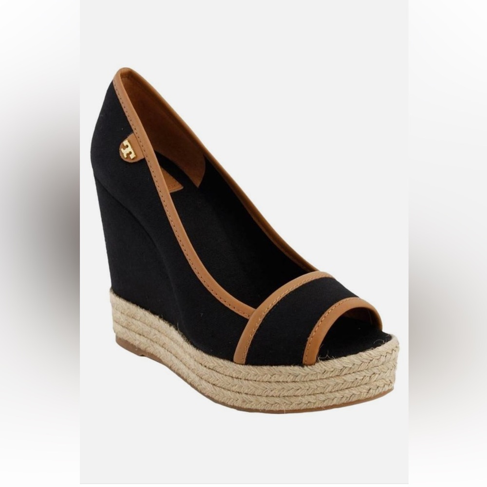 NEW TORY BURCH Women's Black and Tan Canvas Majorca Wedge Shoes size 10.5
